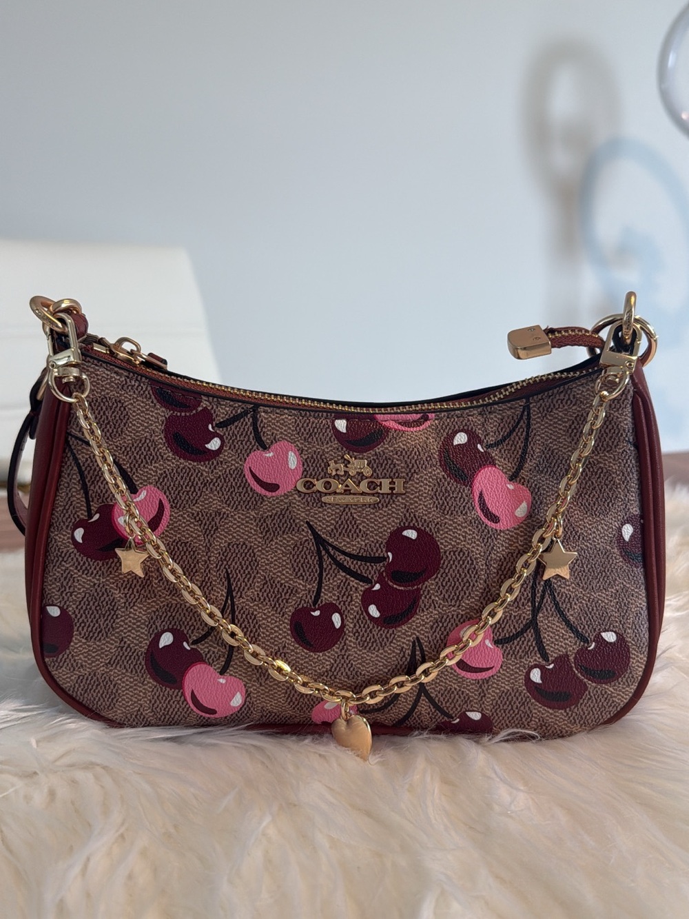 Coach Brown Cherry-Print Shoulder Bag with Pink Accents